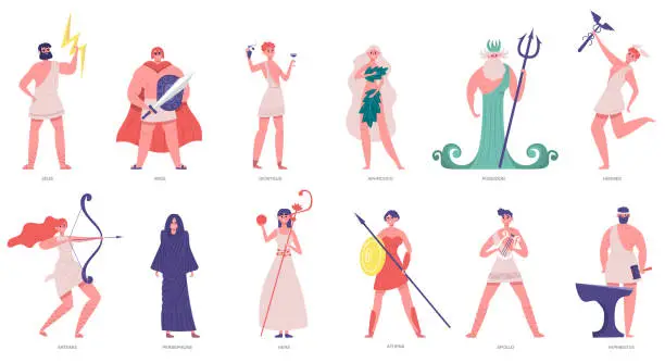 Vector illustration of Ancient olympic gods. Greek gods and goddesses, zeus, poseidon, athena, dionysus and ares. Olympic gods cartoon characters vector illustration set