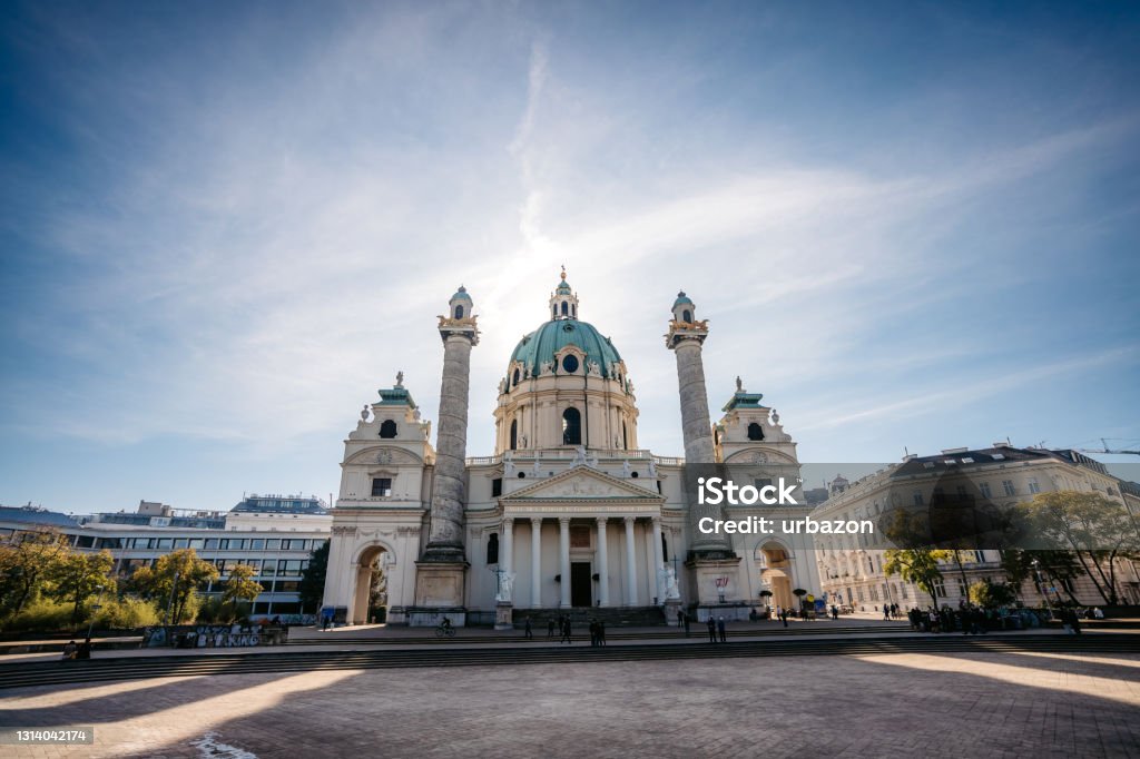Wiener Karlskirche / Saint Charles's Church Vienna Karlskirche (Saint Charles's Church) at Karlsplatz, Vienna, Austria. Architectural Dome Stock Photo