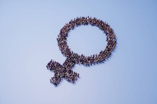 Female Symbol Crowd of people shaped like female symbol. (3d render) womens rights stock pictures, royalty-free photos & images