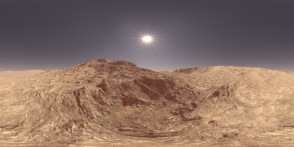 Daylight sun on a Mars, red planet, landscape in a 360 HDRI spherical panorama for 3D illustration environments.