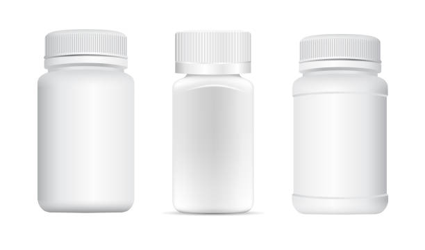 Pill tub. Supplement bottle mockup, capsule jar Pill tub. Supplement bottle mockup, capsule jar, small container sample 3d vector. Remedy bottle, pharmacy product with lid. Antibiotic tablet jar, remedy bottle design, matte plastic package protein powder bottle stock illustrations