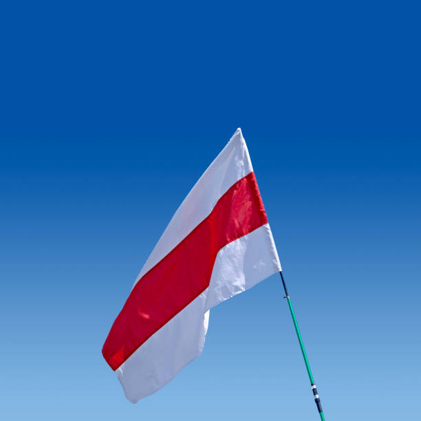 istock Isolated waving Belarusian national flag on blue background. White-red-white flag. 1314046524