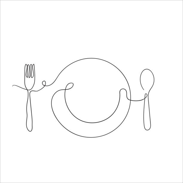 ilustraciones, imágenes clip art, dibujos animados e iconos de stock de plato de tenedor de garabato dibujado a mano e ilustración de cuchara en vector de estilo de arte de línea continua - dining table illustrations