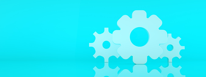 gears icon on blue background, 3D render, panoramic mock-up with space for text