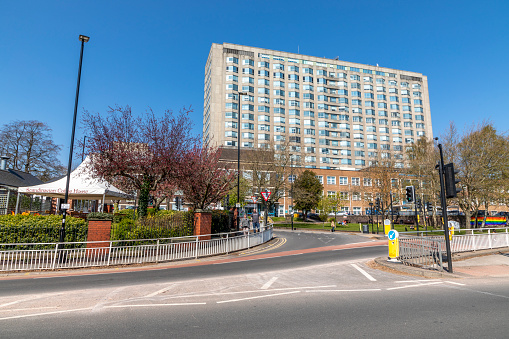 Sheffield, South Yorkshire, England - April 19 2021: The Royal Hallamshire Hospital is situated a mile from the city on the Trust's central campus.