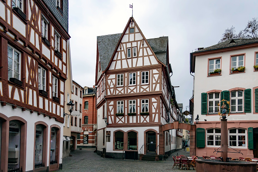 Miltenberg, Germany - April 22, 2023: Half-timbered houses in the city center of Miltenberg, Germany. Miltenberg is a town in the Regierungsbezirk of Lower Franconia (Unterfranken) in Bavaria, Germany and has a population of over 9,000.