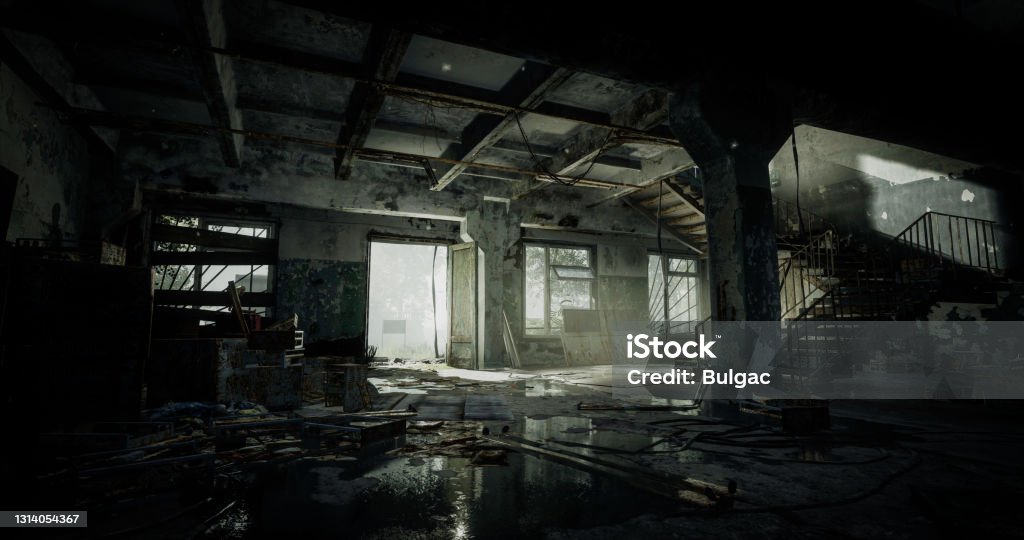 Post Apocalyptic Abandoned Interior Digitally generated dark and grim post apocalyptic scene depicting an abandoned interior lying in ruins for decades, after a nuclear catastrophe/war.

The scene was rendered with photorealistic shaders and lighting in UE4 (Unreal Engine 4.26) with some post-production added. Abandoned Place Stock Photo