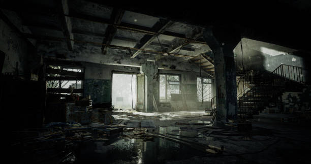 Post Apocalyptic Abandoned Interior Digitally generated dark and grim post apocalyptic scene depicting an abandoned interior lying in ruins for decades, after a nuclear catastrophe/war.

The scene was rendered with photorealistic shaders and lighting in UE4 (Unreal Engine 4.26) with some post-production added. abandoned place photos stock pictures, royalty-free photos & images