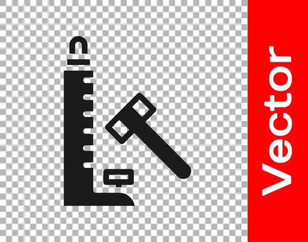 Vector illustration of Black High striker attraction with big hammer icon isolated on transparent background. Attraction for measuring strength. Amusement park. Vector