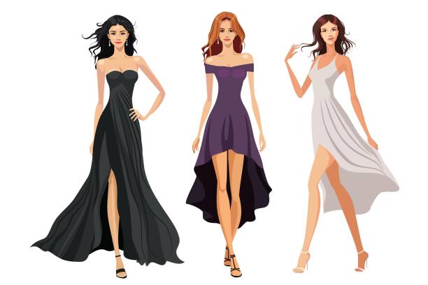 Three charming women in cocktail dresses. Vector illustration on white background Beautiful women in fashion clothes. Womens silhouettes vector illustration. cocktail dress stock illustrations