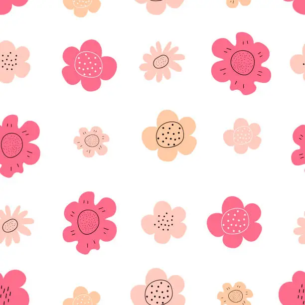 Vector illustration of Floral seamless vector pattern with retro flowers. Spring illustration. Simple hand-drawn kids style. Pretty ditsy for fabric, textile, wallpaper. Digital paper in white background