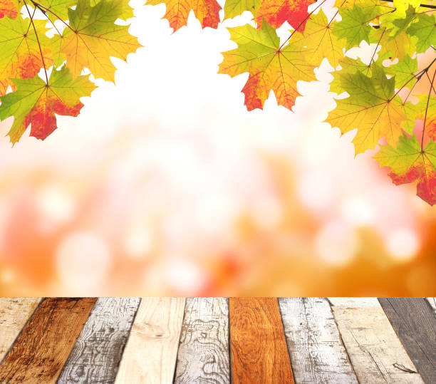 istock Vintage wooden table top and maple leaves on blurred autumn backdrop 1314058077