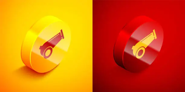 Vector illustration of Isometric Cannon icon isolated on orange and red background. Medieval weapons. Circle button. Vector