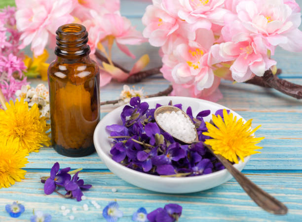 istock Homeopathy globules and blossoms on a table with spoon and globules 1314060438