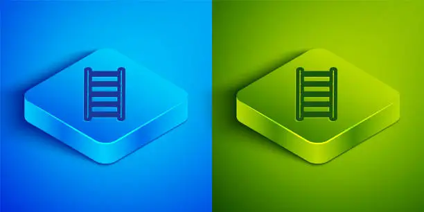 Vector illustration of Isometric line Fire escape icon isolated on blue and green background. Pompier ladder. Fireman scaling ladder with a pole. Square button. Vector