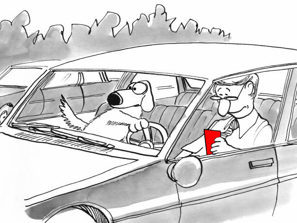 illustrazioni stock, clip art, cartoni animati e icone di tendenza di il cane deve prendere il volante - distracted