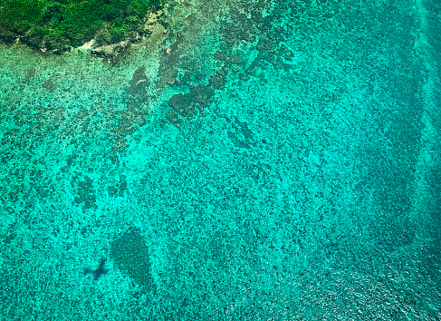 Aerial view of the crystal blue waters off the coast of Negril, Jamaica and the shadow of the small plane that flies above.