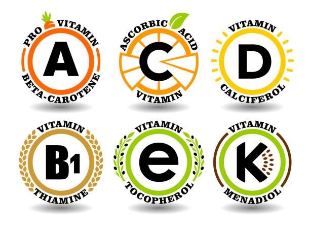 kreative sende-vektor-set von a, b, c, d, e, k vitamin-komplex-zeichen mit flachen grafischen sonnensymbol, cartoon-frucht-symbole, natürliche gesunde lebensmittel-briefmarken, bunte bio-öl-pillen, chemische namen - capsule vitamin pill letter k medicine stock-grafiken, -clipart, -cartoons und -symbole