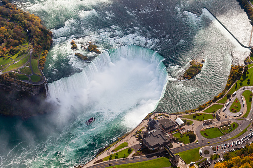 An aerial view of the Horseshoe Falls, a part of the Niagara Falls.  The falls straddle the border between America and Canada.