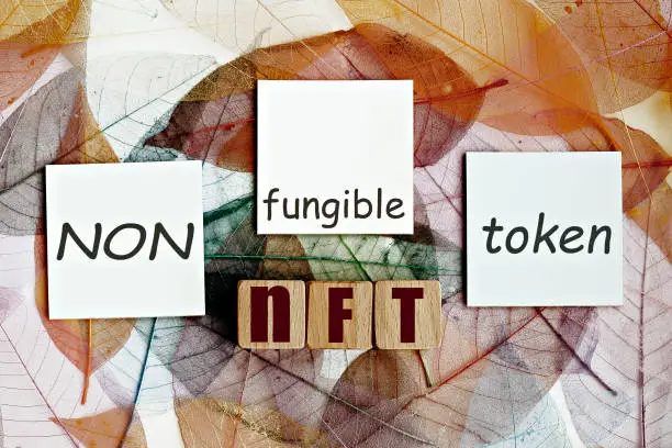 photo on nft (non-fungible token) theme. wooden cubes with the acronym "nft", and sticky notes, on the background of skeleton magnolia leaf