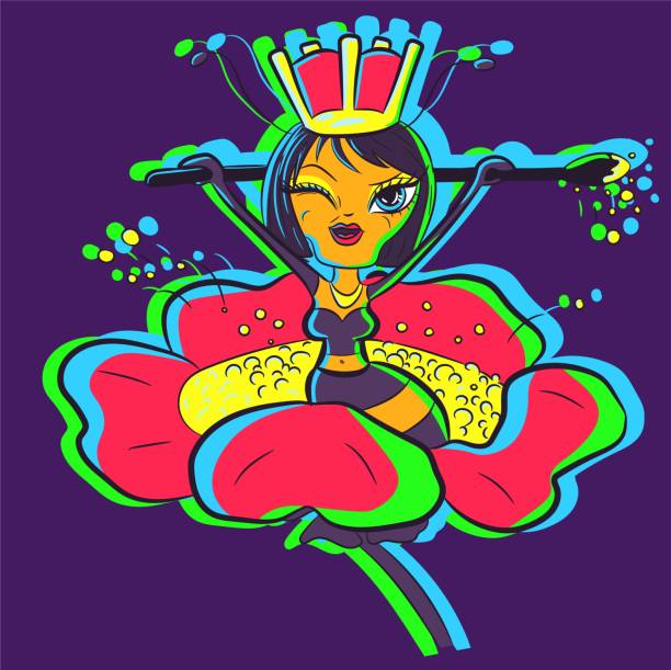  Ilustración de Arte De Dibujos Animados De Una Abeja Reina Con Una Corona Y Sosteniendo Un Estambre En Sus Manos Insecto Rayado Guiñando Un Ojo Y Sentado Dentro De Una Flor Polinizadora