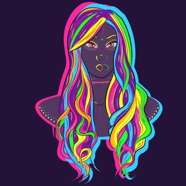 Vector illustration of Neon illustration of a neon woman with colorful hair. Vector art of a mannequin wearing a rainbow curly wig.