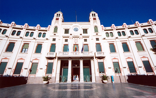 Melilla, Spain: Assembly Hall, formerly know as the Municipal Palace, an art deco city hall - architect Enrique Nieto y Nieto - The Assembly of Melilla is the representative institution of the autonomous city of Melilla, an exclave of Spain located on the north coast of Africa - palacio de la asamblea / palacio municipal - ayuntamiento.