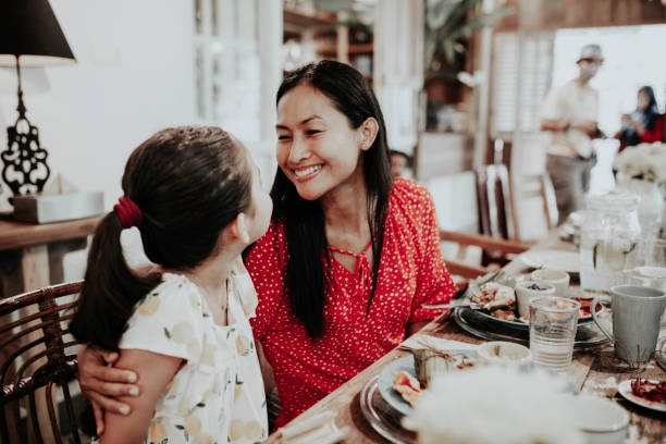 Mom & child having meal in restaurant