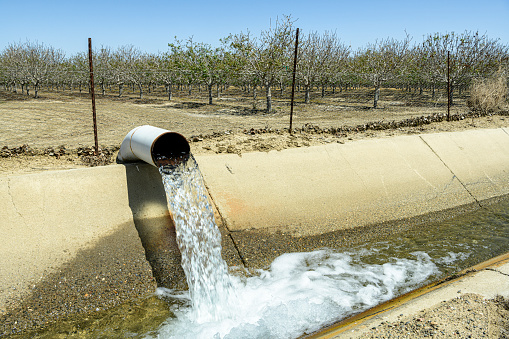Farm irrigation water pump, pumping water into adjacent irrigation water canal, with new growth pistachio orchard in the background.\n\nTaken in the San Joaquin Valley, California, USA.