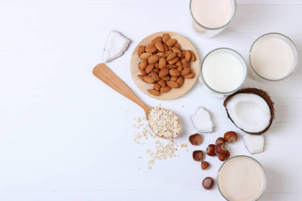 istock Different types of vegetable milk on the table. 1314073158