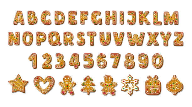 ilustrações de stock, clip art, desenhos animados e ícones de christmas gingerbread alphabet in cartoon style with different cookies shape. biscuit letters for xmas holiday message. homemade sweets in the shape of heart, star, snowflake, tree, gift, toy, man - gingerbread cookie