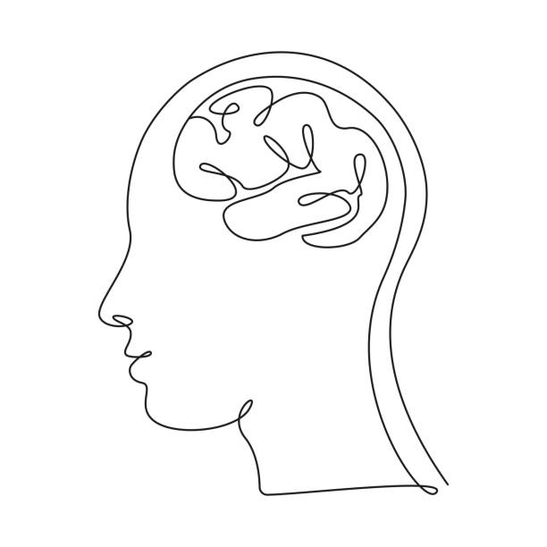 Human head and big brain in one line art style. Continuous drawing illustration. Abstract linear Vector Human head and big brain in one line art style. Continuous drawing illustration. Abstract linear Vector. one man only stock illustrations