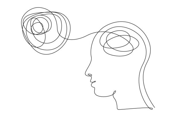 悪い精神的健康の概念。一行のアートスタイルで混乱した感情と思考を持つ人間の頭。連続描画の図。バナー、パンフレット、ポスター、プレゼンテーションのための抽象的な線形ベクトル - thinking white background people one person点のイラスト素材／クリップアート素材／マンガ素材／アイコン素材