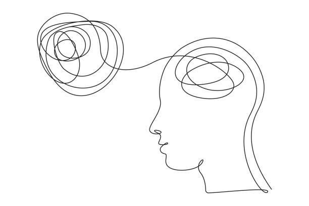 Concept of bad mental health. Human head with confused feelings and thoughts in one line art style. Continuous drawing illustration. Abstract linear Vector for banner, brochure, poster, presentation Concept of bad mental health. Human head with confused feelings and thoughts in one line art style. Continuous drawing illustration. Abstract linear Vector for banner, brochure, poster, presentation. edgy drawings stock illustrations