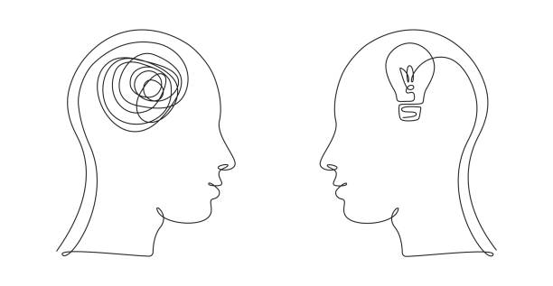 Two Human heads with confused and clean thoughts in one line art style. Continuous drawing illustration. Abstract linear Vector for medicine flyer, banner, brochure, poster Two Human heads with confused and clean thoughts in one line art style. Continuous drawing illustration. Abstract linear Vector for medicine flyer, banner, brochure, poster. two people thinking stock illustrations