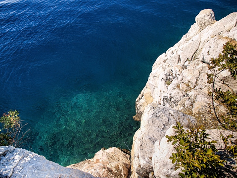 Looking down to paradise Adriatic Sea. Abstract from beautiful coastline of Crikvenica riviera, northern Addriatic Coastline, Croatia. Famous touristic destination.
