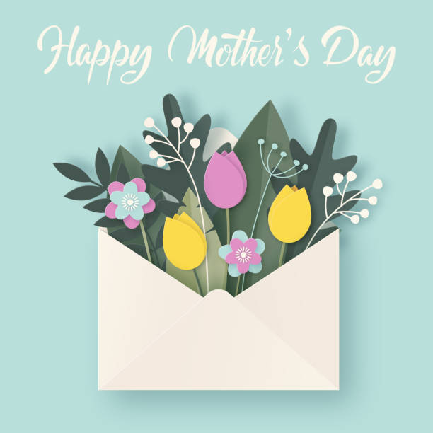 illustrazioni stock, clip art, cartoni animati e icone di tendenza di biglietto d'auguri happy mothers day con busta, bouquet di fiori e foglie su sfondo blu. - tulip