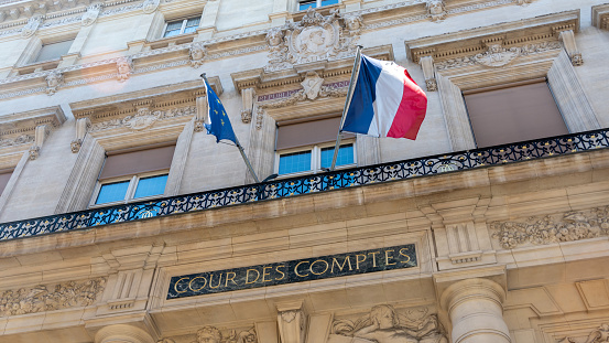 Paris, France - April 23, 2021: Exterior view of the Cour des Comptes building, a French court of justice in charge of controlling the regularity of the accounts of the state and public organizations