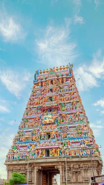 vertical Kapaleeshwarar Temple, chennai, India Front view of sri Kapaleeshwarar Temple, chennai, India. is a Hindu temple dedicated to lord Shiva located in Mylapore, Chennai in the Indian state of Tamil Nadu. The form of Shiva's consort Parvati worshipped at this temple is called Karpagambal is from Tamil ("Goddess of the Wish-Yielding Tree"). The temple was built around the 7th century CE and is an example of Dravidian architecture. kapaleeswarar temple photos stock pictures, royalty-free photos & images