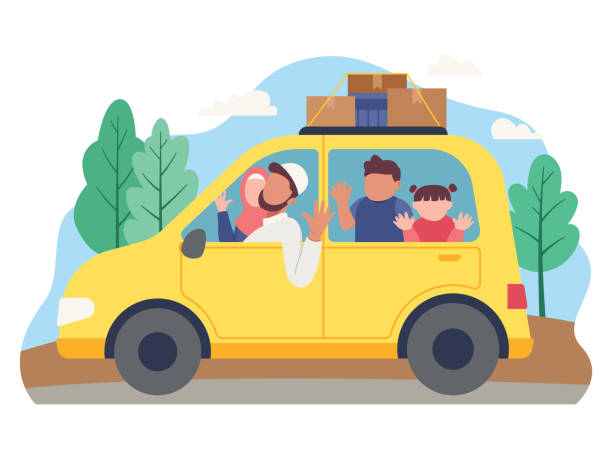 Muslim family goes on holiday using a car Family goes to home village to celebrate Eid Mubarak. Vector illustration in a flat style family vacation car stock illustrations