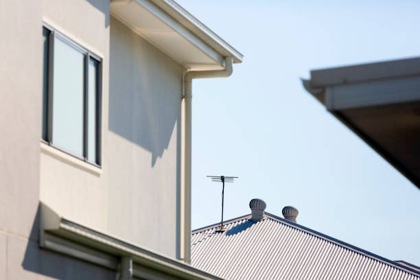 Closeup new, residential modern houses, background with copy space, full frame horizontal composition