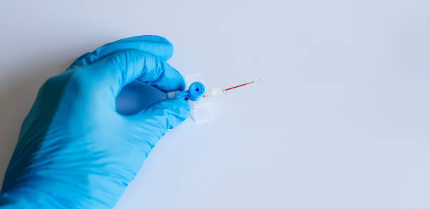 istock Hand holds Blue butterfly catheter isolated on white background. 1314083750
