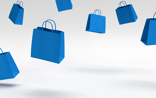 Blue paper bags and shopping bags sales mockup template 3D-rendering white background
