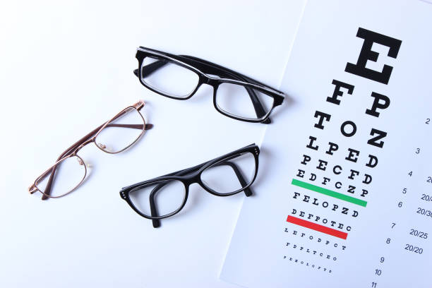istock glasses and a table for checking eyesight on a colored background top view. 1314093142