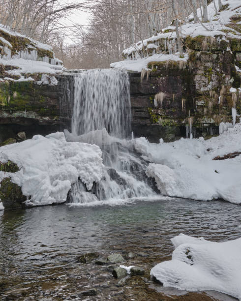 istock Amazing, powerful waterfall covered with snow and icicles during winter season 1314096662