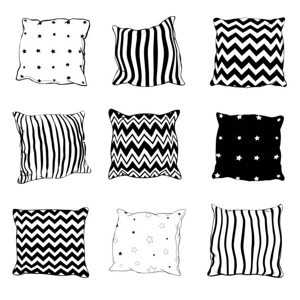 Set of black hand-drawn sketch style pillows - one, two, stack of four, standing, lying, front and side view, vector illustration isolated on white background. Set of hand-drawn, sketch style pillows Set of black hand-drawn sketch style pillows, vector illustration isolated on white background. pillow illustrations stock illustrations