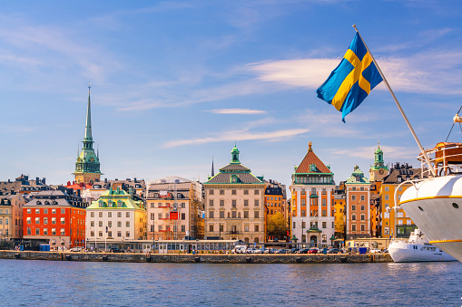 Stockholm old town city skyline, cityscape of Sweden at sunset