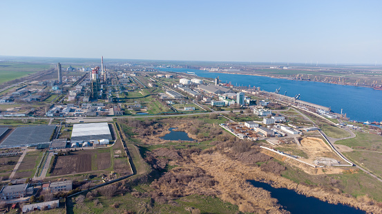 Sea bay. Port Yuzhny and the Port Plant view from the sea from a helicopter