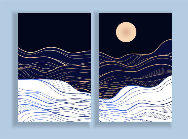 istock Golden line on blue abstract elegant texture. Vip luxury vector background of clouds and full moon sky. 1314099319