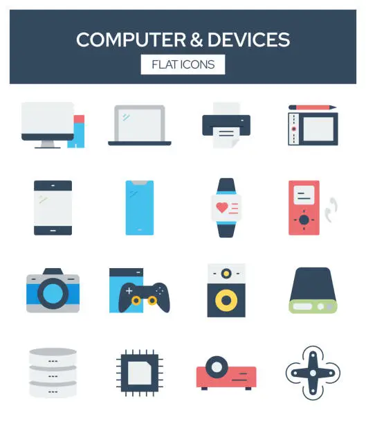Vector illustration of Computer and Devices Related Modern Flat Icons Vector Collection